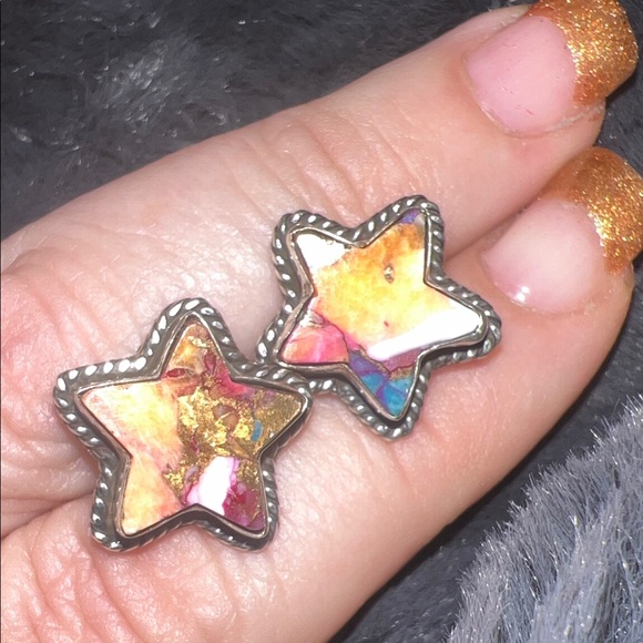 925 Sterling Silver Jewelry - 925 silver star studs with cotton candy turquoise